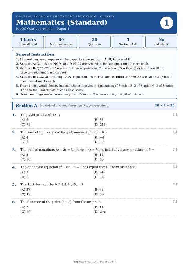 CBSE Class 10 Mathematics (Standard) – Model Paper 1