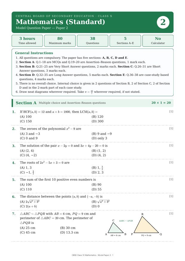CBSE Class 10 Mathematics (Standard) – Model Paper 2
