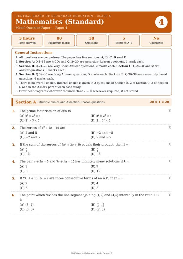 CBSE Class 10 Mathematics (Standard) – Model Paper 4