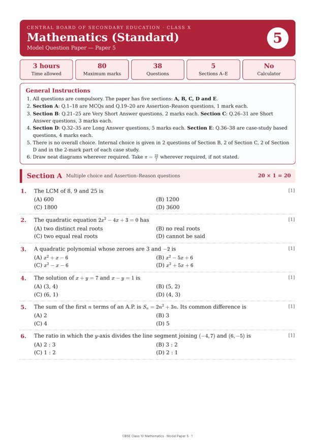 CBSE Class 10 Mathematics (Standard) – Model Paper 5
