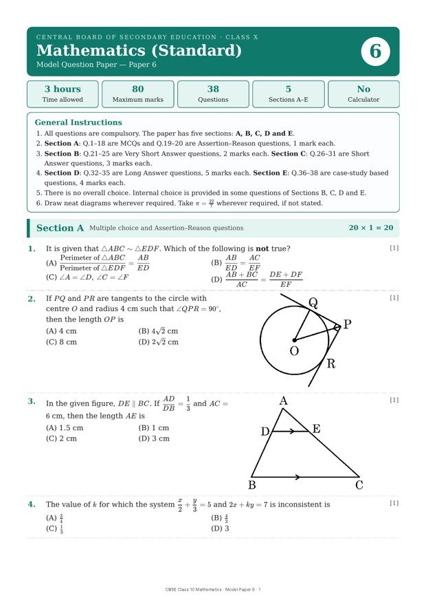 CBSE Class 10 Mathematics (Standard) – Model Paper 6