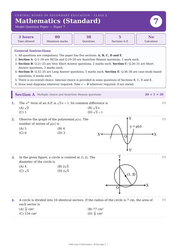 CBSE Class 10 Mathematics (Standard) – Model Paper 7
