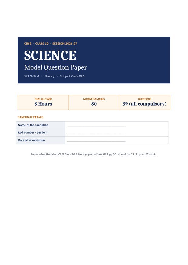 CBSE Class 10 Science – Model Paper 3